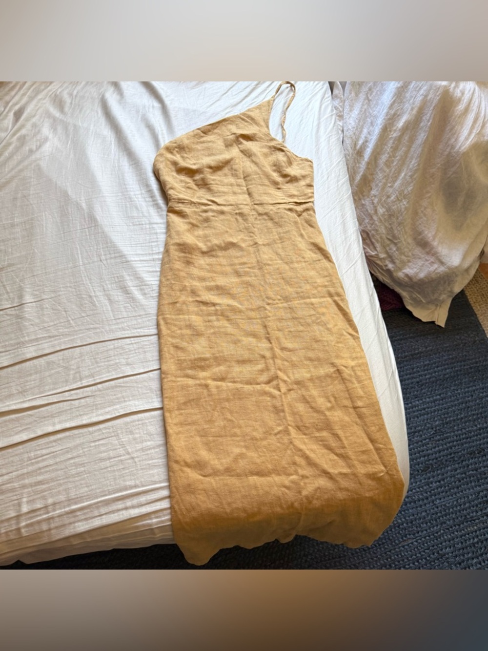 PALOMA WOOL linen pale mustard‎ yellow one shoulder asymmetrical midi dress